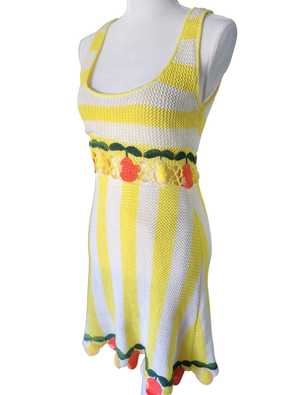 STAUD Yellow and White Striped Crochet Midi Dress with Fruit Trim - Picture 4 of 12